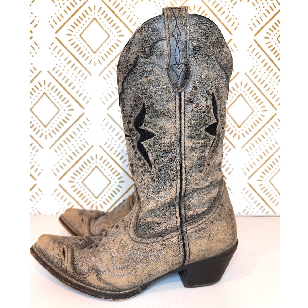 Laredo‎ Lucretia Cowboy Boots Women 8.5 Tan Distressed Leather Studded Western
